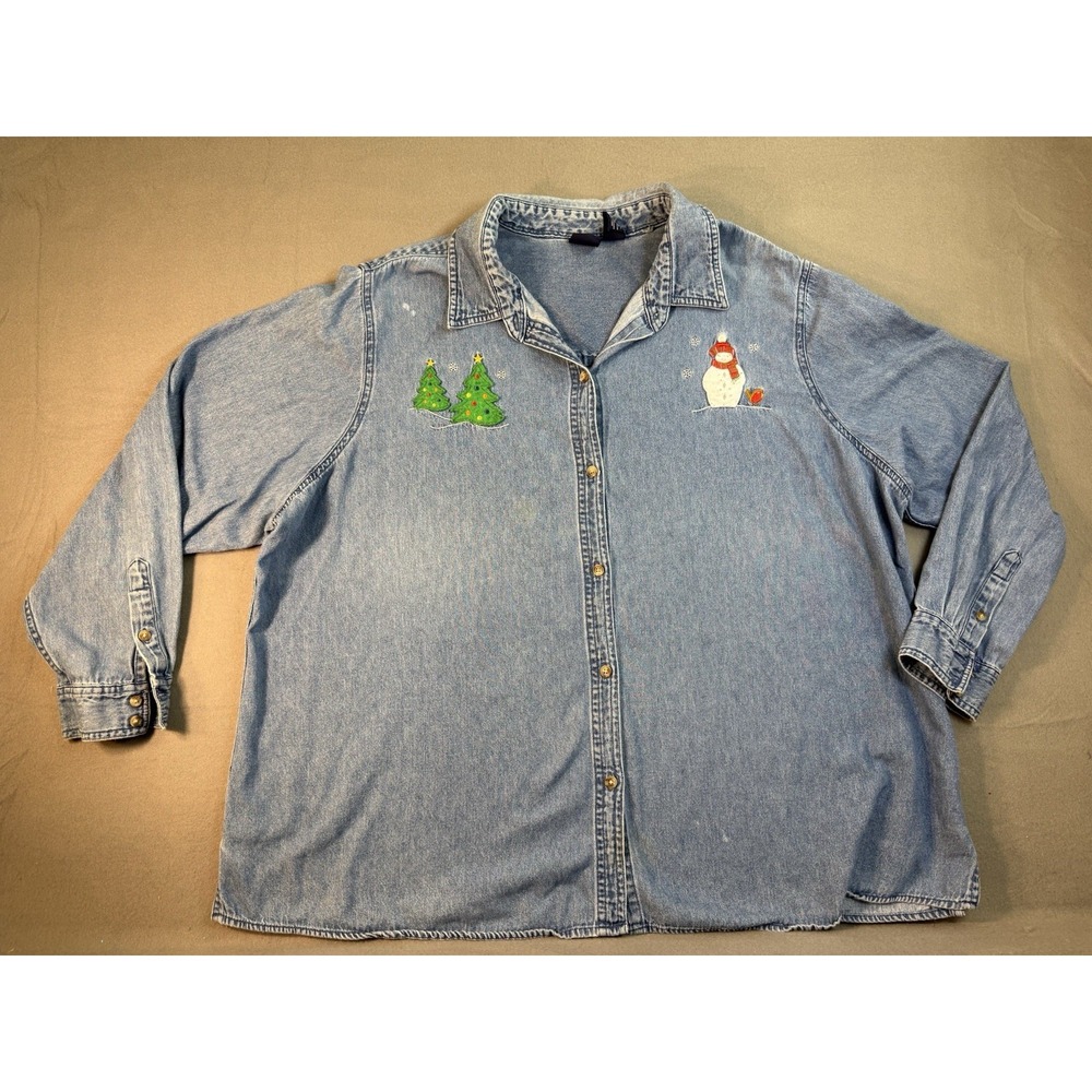 Vintage Christmas  Denim Shirt Embroidered Snowman & Trees 2x Womens